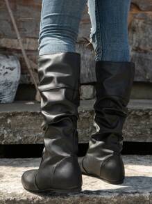 Elegant Women's Fashionable Boots With Decorative Wrinkles And Series Design, Round Toe, Flat Sole To Elongate Legs And Show Slimness, Black, Khaki, Brown, Grey, Suitable For Various Occasions Such As Music Festival, Party, Vacation And All Seasons - Black - View 4