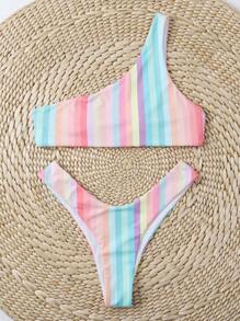Striped One Shoulder Bikini Set - Multicolor - View 3