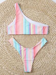 Striped One Shoulder Bikini Set - Multicolor - View 5