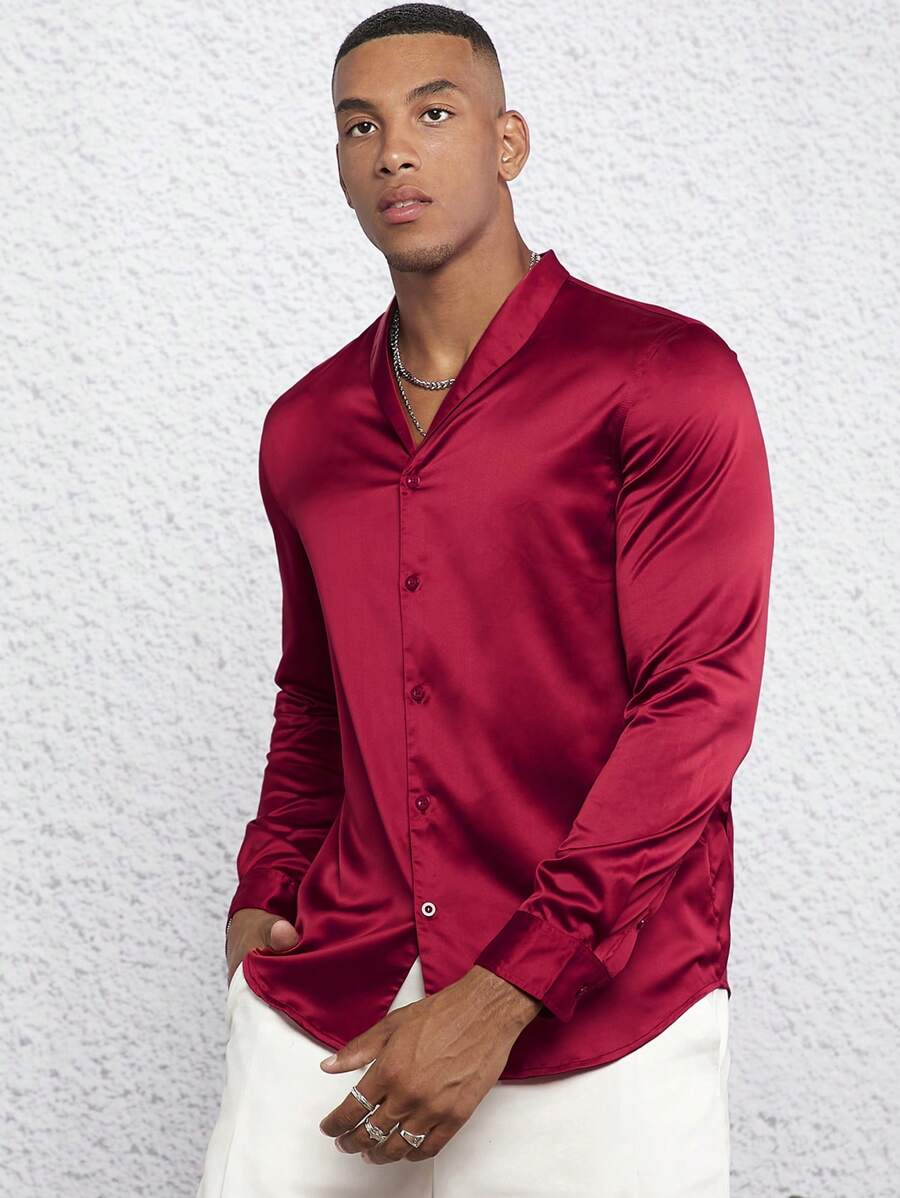 GENTILAND 派對前紐扣純色男士襯衫 - 酒紅色 - 查看 1