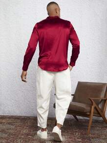 GENTILAND 派對前紐扣純色男士襯衫 - 酒紅色 - 查看 2