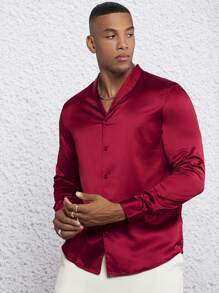 GENTILAND 派對前紐扣純色男士襯衫 - 酒紅色 - 查看 3