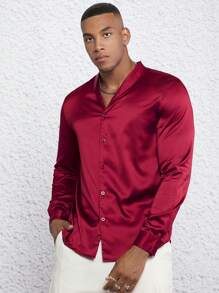 GENTILAND 派對前紐扣純色男士襯衫 - 酒紅色 - 查看 4