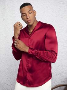 GENTILAND 派對前紐扣純色男士襯衫 - 酒紅色 - 查看 7