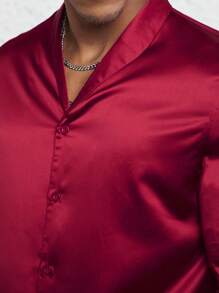 GENTILAND 派對前紐扣純色男士襯衫 - 酒紅色 - 查看 8