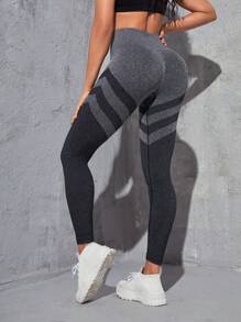 條紋印花寬腰帶運動打底褲