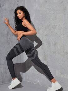 條紋印花寬腰帶運動打底褲