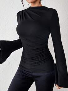 Chiquease Solid Ruched Front Flare Sleeve Tee Fall Cloth For Women - Black - View 4