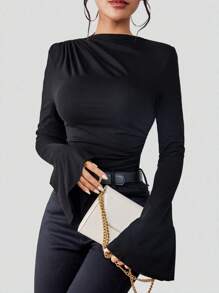 Chiquease Solid Ruched Front Flare Sleeve Tee Fall Cloth For Women - Black - View 6