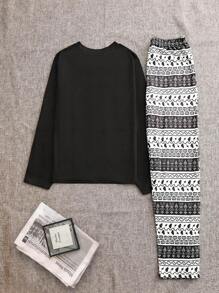 SHEIN 大象印花T恤和裤子睡衣套装/家居服套装，秋冬舒适优雅细节 - 黑色 - 查看 2