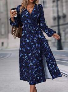 SHEIN Clasi Allover Print Lantern Sleeve Split Thigh Dress - Navy Blue - View 1