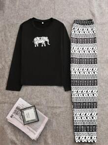 SHEIN 大象印花T恤和裤子睡衣套装/家居服套装，秋冬舒适优雅细节 - 黑色 - 查看 4