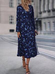 SHEIN Clasi Allover Print Lantern Sleeve Split Thigh Dress - Navy Blue - View 3