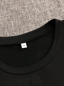 SHEIN 大象印花T恤和裤子睡衣套装/家居服套装，秋冬舒适优雅细节 - 黑色 - 查看 5