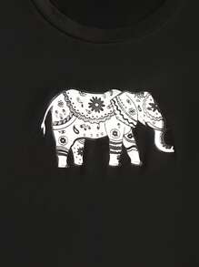 SHEIN 大象印花T恤和裤子睡衣套装/家居服套装，秋冬舒适优雅细节 - 黑色 - 查看 6