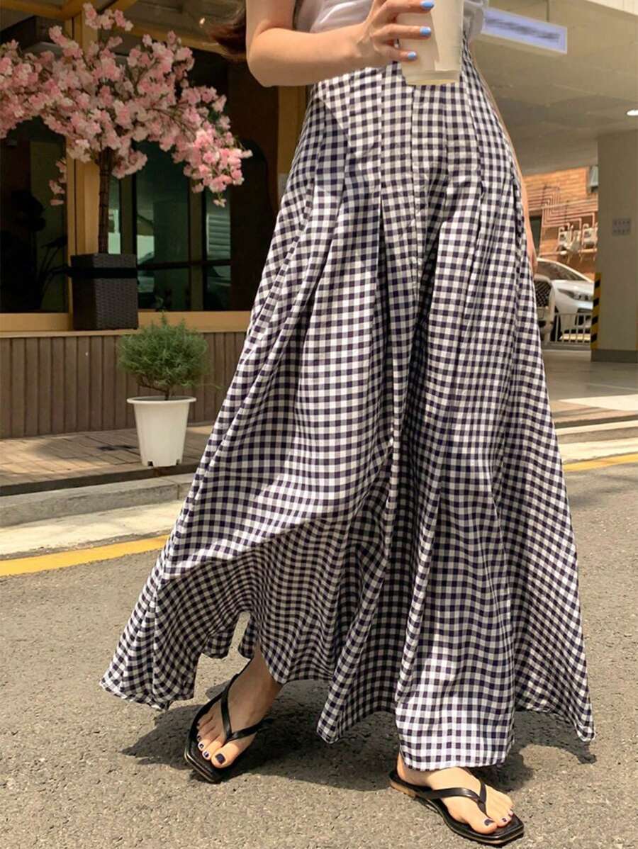格子圖案喇叭半身裙 - 黑與白 - 查看 1