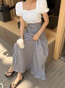 格子圖案喇叭半身裙 - 黑與白 - 查看 8
