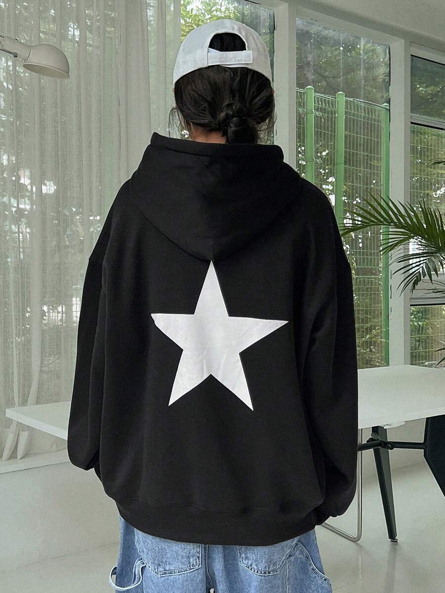 DAZY Star Print Drop Shoulder Drawstring Hoodie Y2k - Black - View 1
