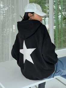 DAZY Star Print Drop Shoulder Drawstring Hoodie Y2k - Black - View 4