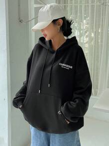 DAZY Star Print Drop Shoulder Drawstring Hoodie Y2k - Black - View 5