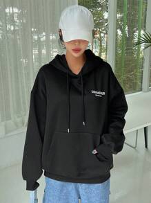 DAZY Star Print Drop Shoulder Drawstring Hoodie Y2k - Black - View 6