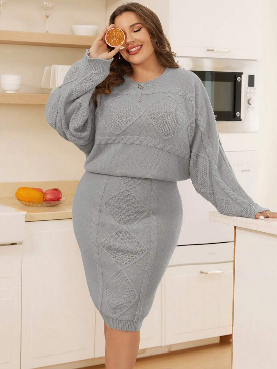 SHEIN Essnce Plus Cable Knit Batwing Sleeve Sweater & Knit Skirt - Grey - View 1