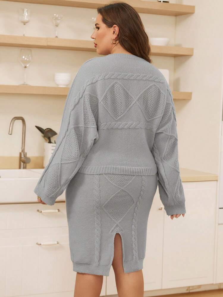 Plus Cable Knit Batwing Sleeve Sweater & Knit Skirt