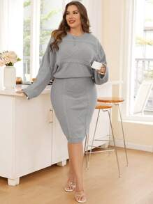 SHEIN Essnce Plus Cable Knit Batwing Sleeve Sweater & Knit Skirt - Grey - View 3