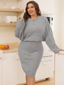 SHEIN Essnce Plus Cable Knit Batwing Sleeve Sweater & Knit Skirt - Grey - View 6