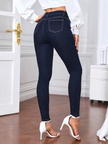 SHEIN Privé 鈕扣 口袋 拉鍊純色女士牛仔褲 - 深色水洗藍 - 查看 2
