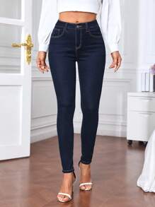 SHEIN Privé 鈕扣 口袋 拉鍊純色女士牛仔褲 - 深色水洗藍 - 查看 3