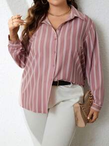 SHEIN Unity Plus Striped Print Button Front Shirt - Dusty Pink - View 1