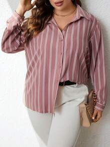 SHEIN Unity Plus Striped Print Button Front Shirt - Dusty Pink - View 4