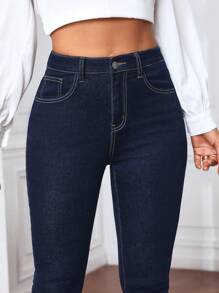SHEIN Privé 鈕扣 口袋 拉鍊純色女士牛仔褲 - 深色水洗藍 - 查看 10
