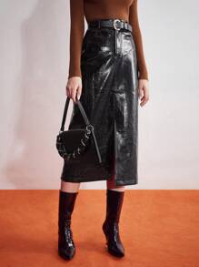 MOTF PREMIUM chất liệu da PU Hình cá sấu Tách Váy - màu đen - Xem 2