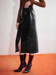 MOTF PREMIUM chất liệu da PU Hình cá sấu Tách Váy - màu đen - Xem 5