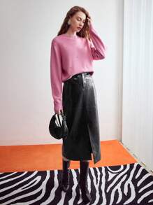 MOTF PREMIUM chất liệu da PU Hình cá sấu Tách Váy - màu đen - Xem 7