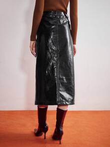 MOTF PREMIUM chất liệu da PU Hình cá sấu Tách Váy - màu đen - Xem 8