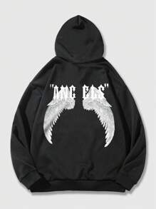 ROMWE MEN Street Life 男款翅膀&字母圖形束口帽衫 - 黑色 - 查看 1