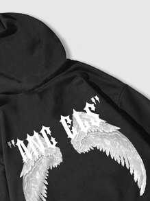 ROMWE MEN Street Life 男款翅膀&字母圖形束口帽衫 - 黑色 - 查看 4