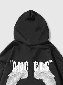 ROMWE MEN Street Life 男款翅膀&字母圖形束口帽衫 - 黑色 - 查看 6