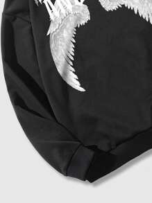 ROMWE MEN Street Life 男款翅膀&字母圖形束口帽衫 - 黑色 - 查看 7