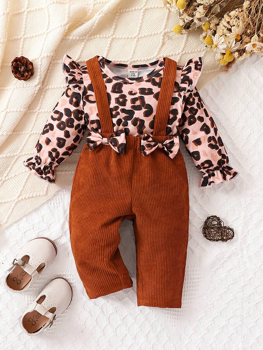 女嬰豹紋印花荷葉邊荷葉袖T恤&前蝴蝶結背帶褲 - 彩色 - 查看 1