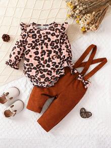女嬰豹紋印花荷葉邊荷葉袖T恤&前蝴蝶結背帶褲 - 彩色 - 查看 3