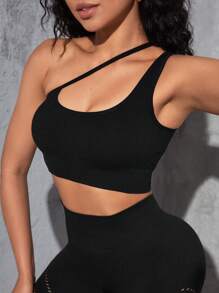 單肩鏤空短款運動型胸罩 - 黑色 - 查看 1