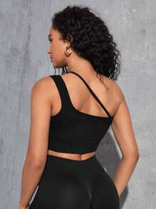 單肩鏤空短款運動型胸罩 - 黑色 - 查看 2