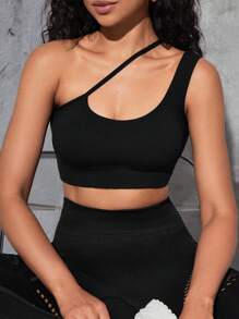 單肩鏤空短款運動型胸罩 - 黑色 - 查看 4