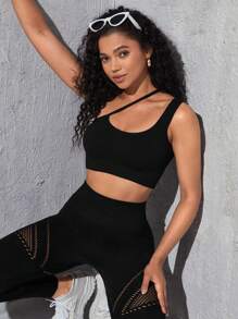 單肩鏤空短款運動型胸罩 - 黑色 - 查看 5