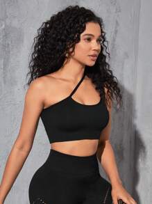 單肩鏤空短款運動型胸罩 - 黑色 - 查看 6