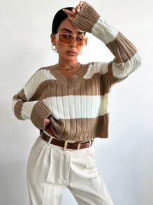 EURMUSE Khối màu Thả vai Áo len - Màu Khaki - Xem 1